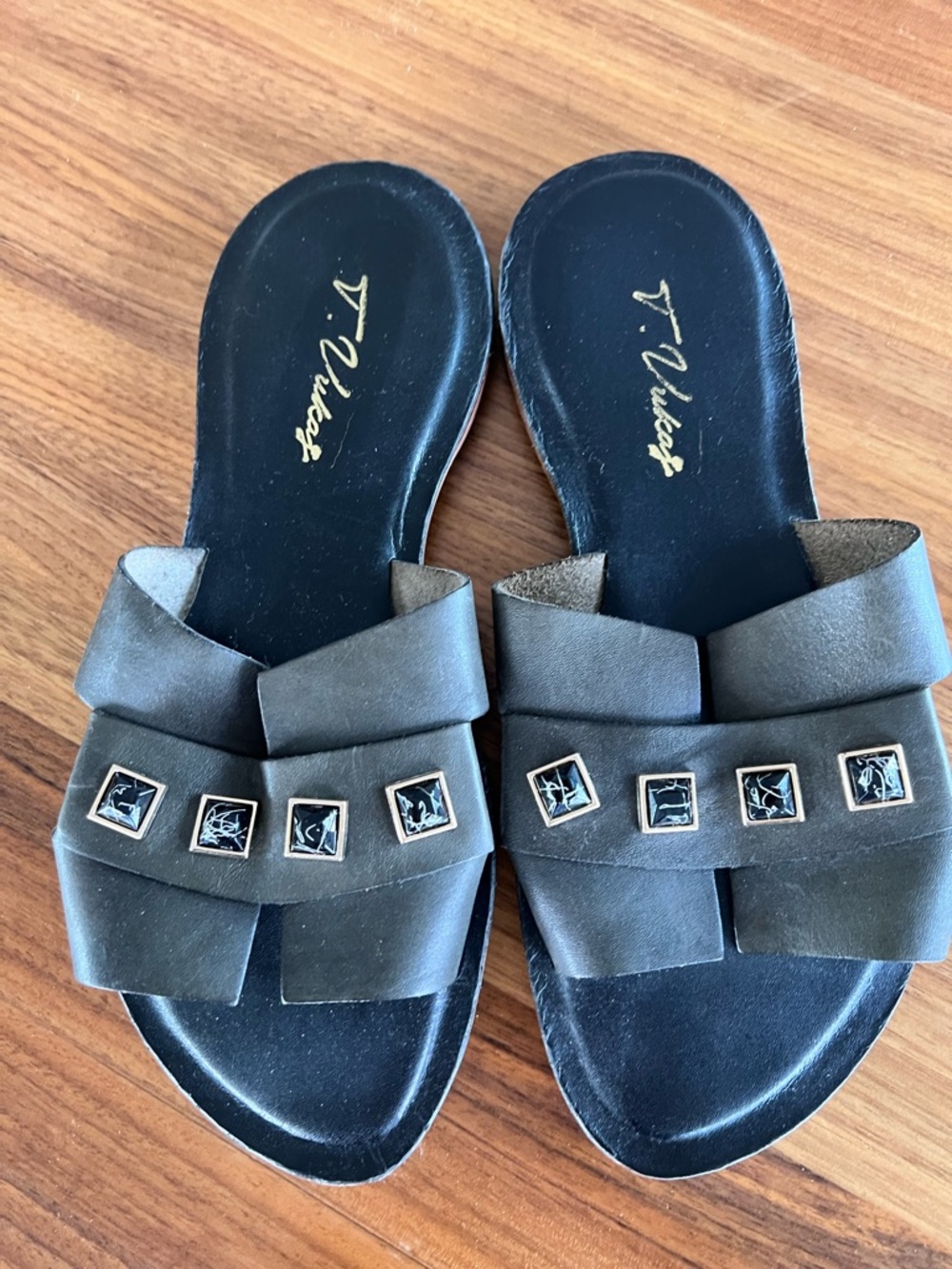 Villager Dark Green Leather Slide Mules with Square Metal Accents